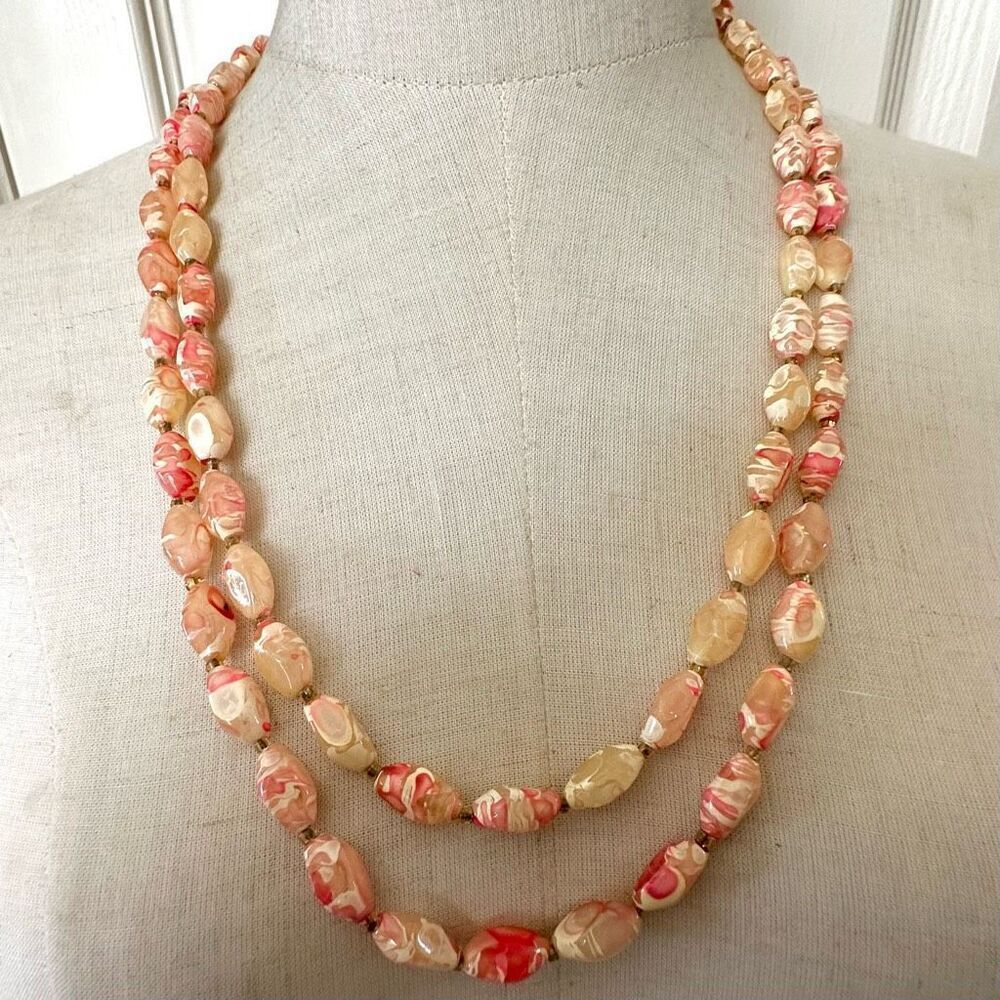 Pink and yellow swirl beaded long vintage necklace